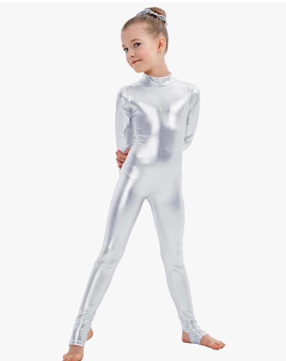 Girls Halloween alien costume Metallic Silver Jumpsuit Set with dress glasses an